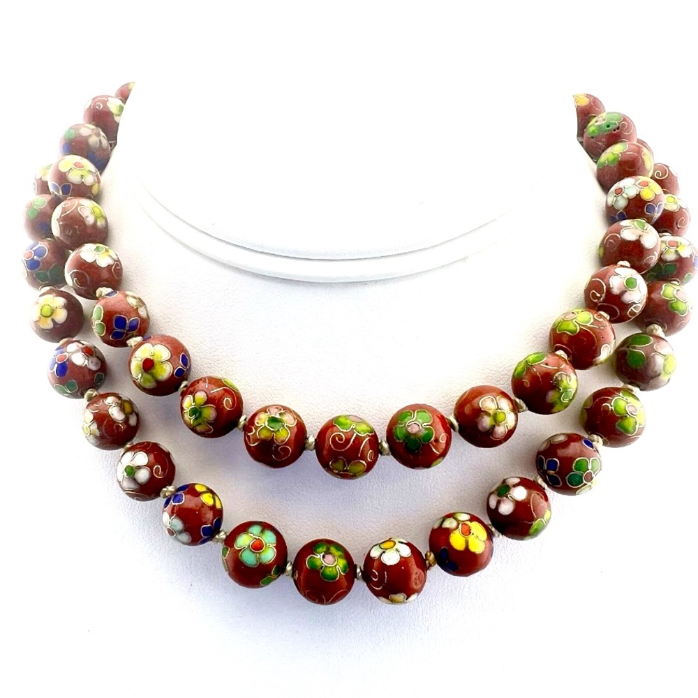 Vintage Red Chinese Cloisonné Floral Beaded Necklace Hand Knotted